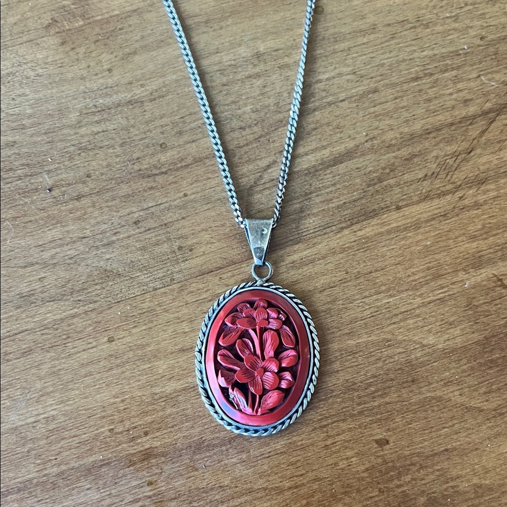 Vintage Cinnabar Sterling Silver Pendant Necklace